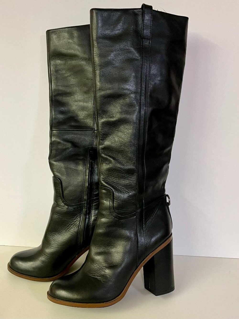 Aldo Jen Black Leather Boots Knee High Tall Block Heel Partial Inside Zipper W7